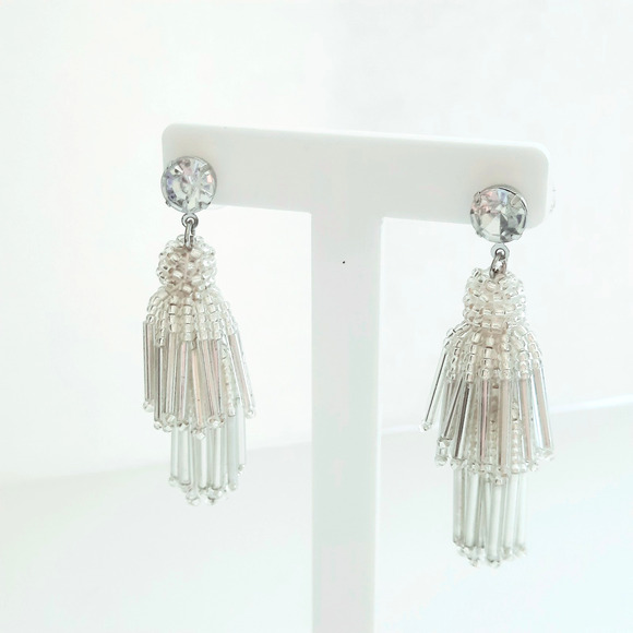 LOFT NEW Crystal Stone Silver Metallic Tassel Drop Dangle Earrings NWT Elegant - Picture 2 of 4
